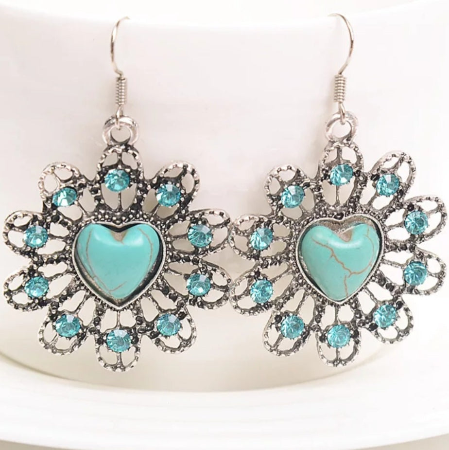 Bohemian Silver Heart Flower Earrings