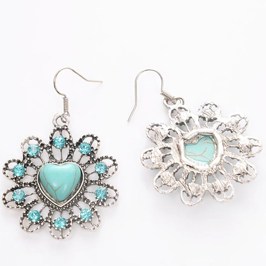 Bohemian Silver Heart Flower Earrings