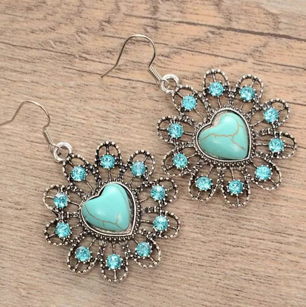 Bohemian Silver Heart Flower Earrings