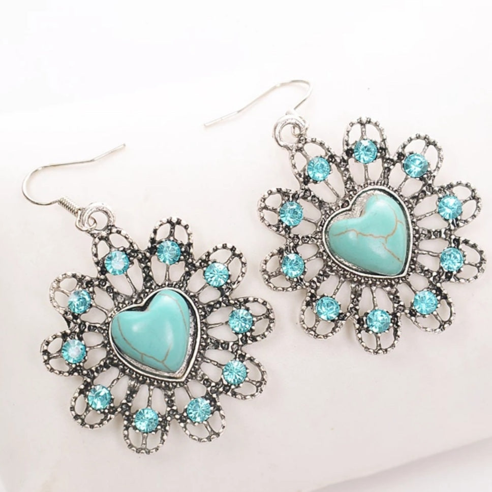 Bohemian Silver Heart Flower Earrings