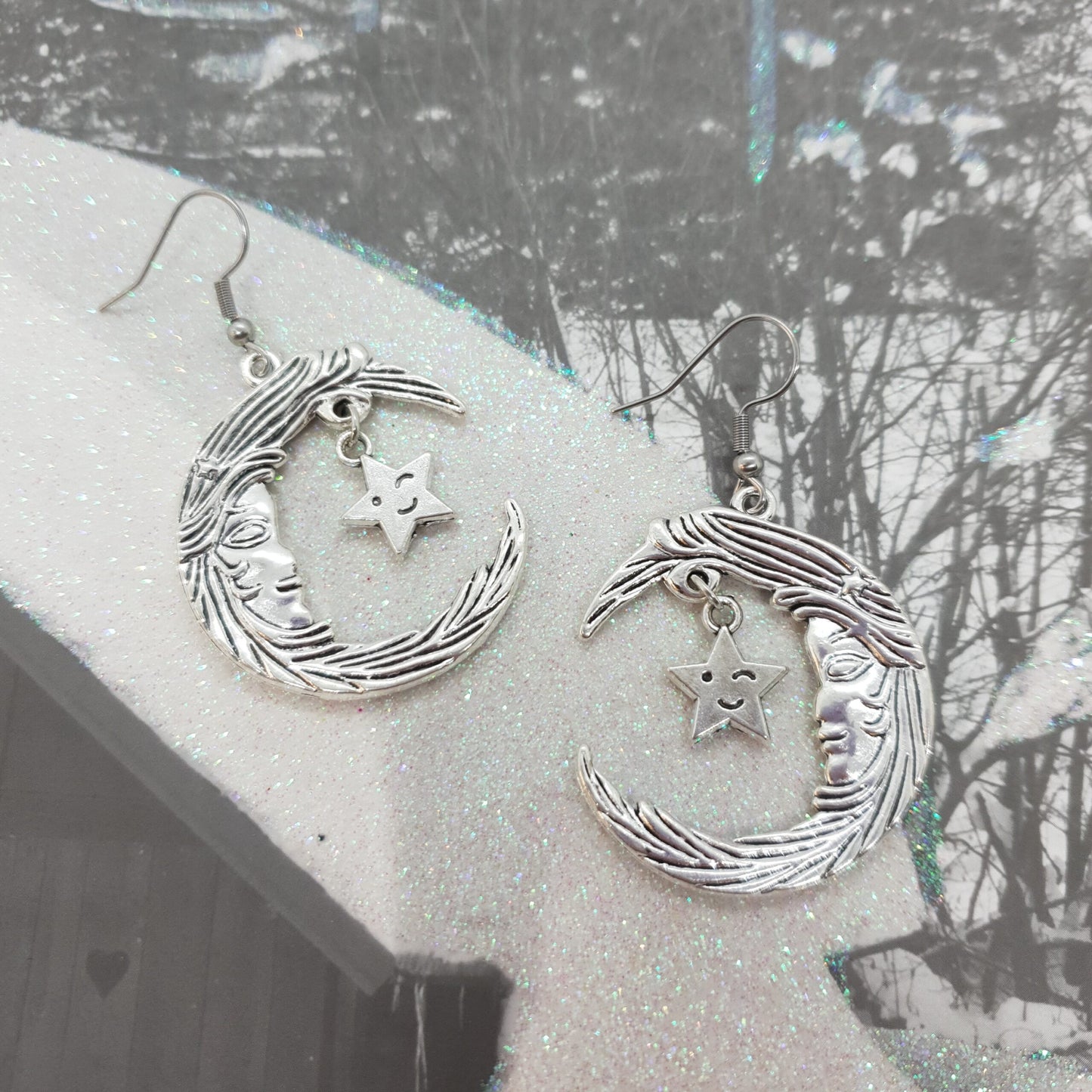 Crescent Moon Face Star Earrings