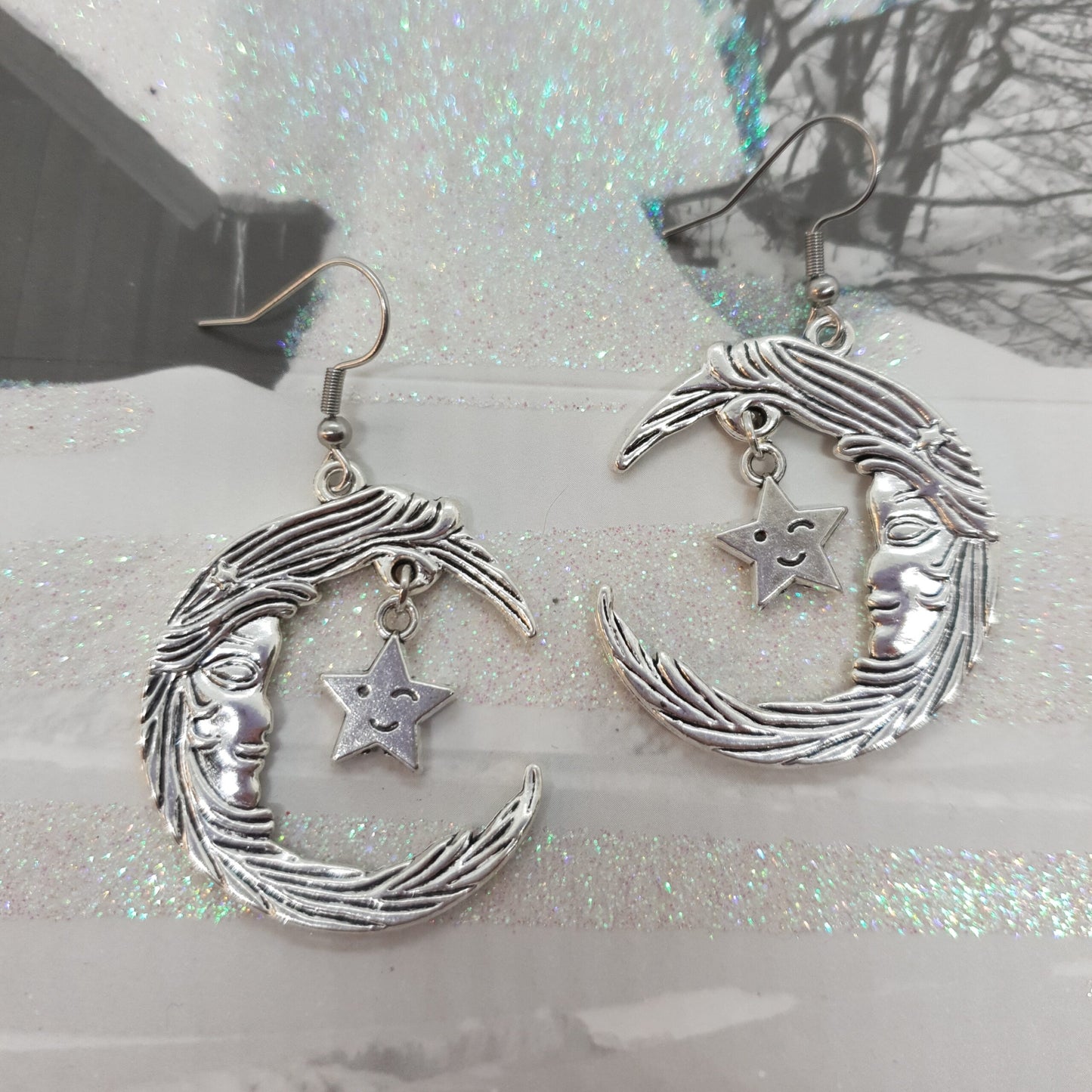 Crescent Moon Face Star Earrings