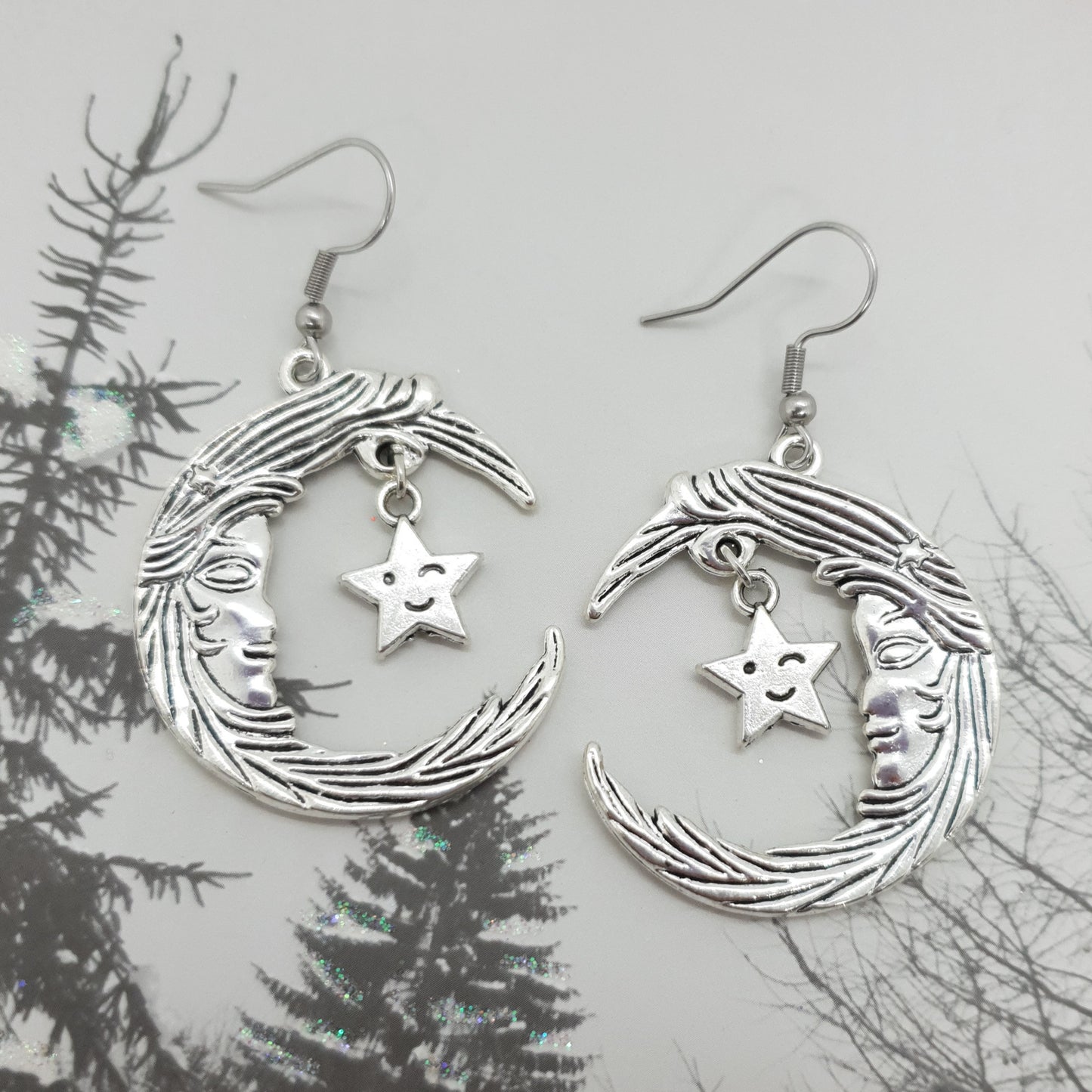 Crescent Moon Face Star Earrings