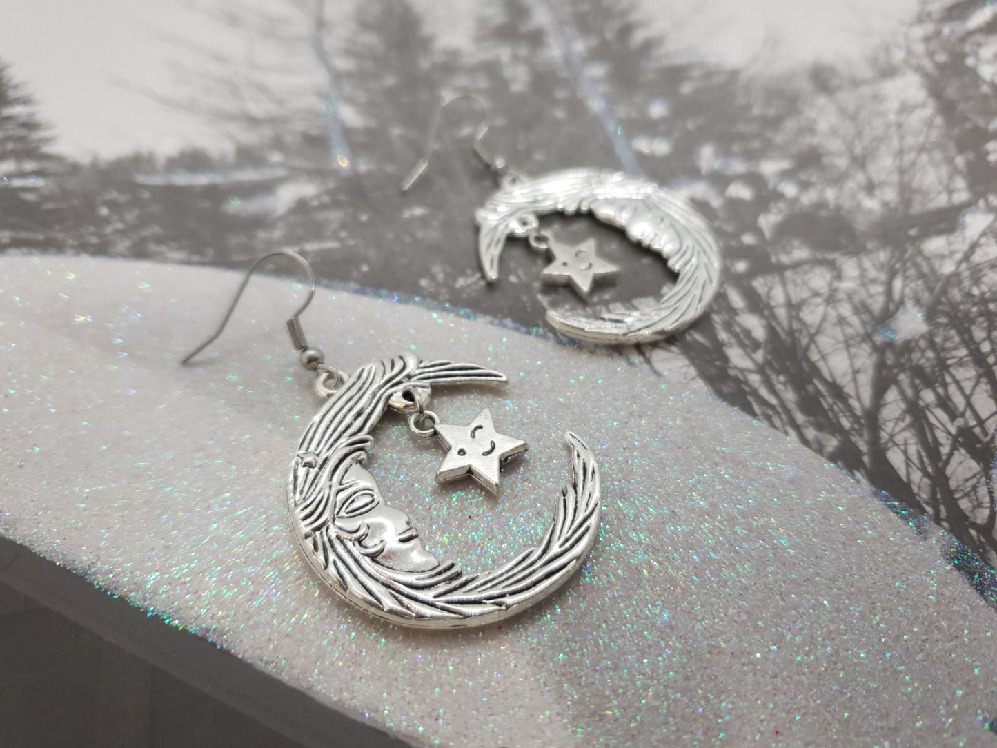 Crescent Moon Face Star Earrings