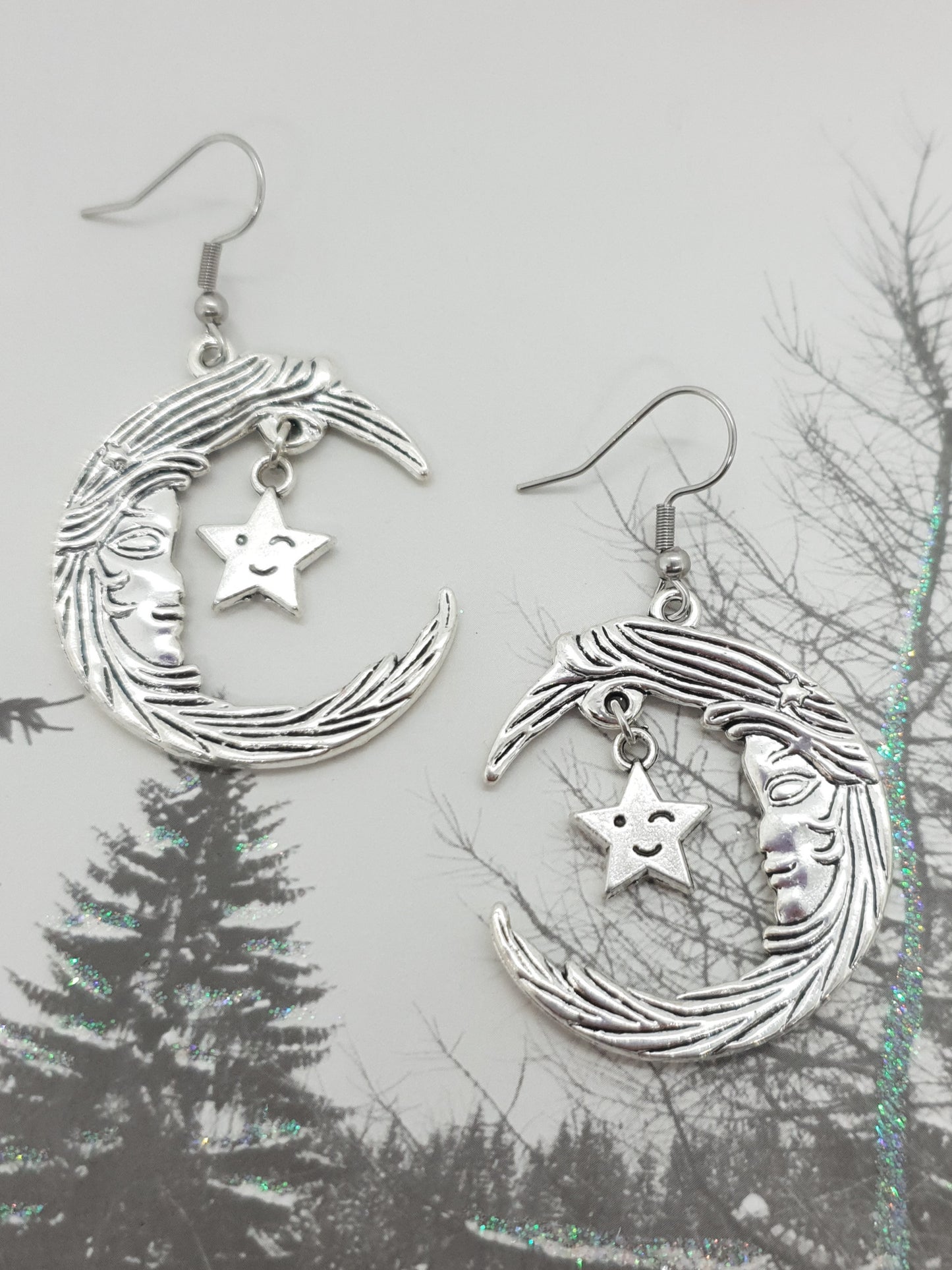 Crescent Moon Face Star Earrings