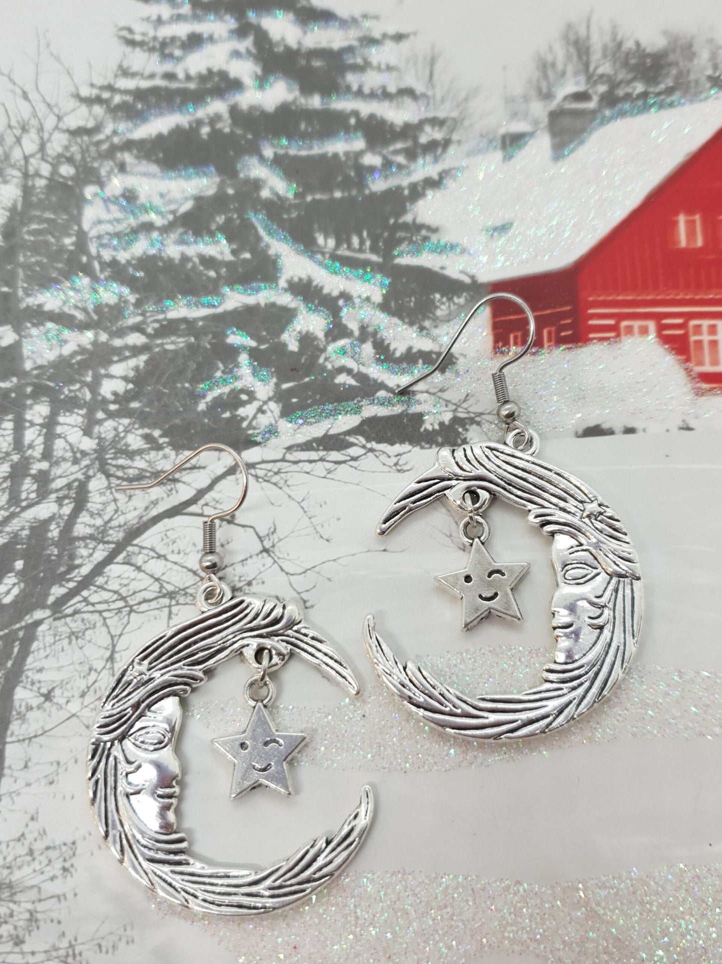 Crescent Moon Face Star Earrings