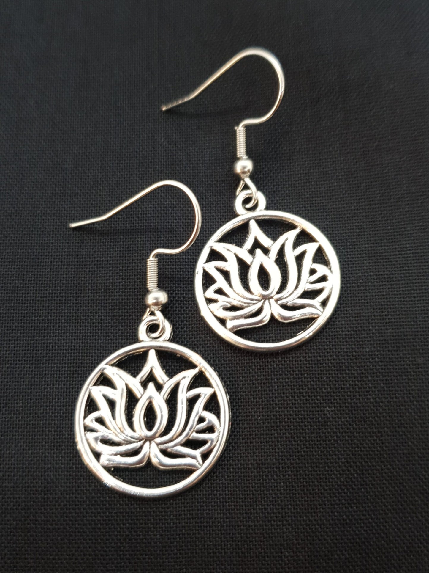 Antique Silver Lotus Circle Earrings