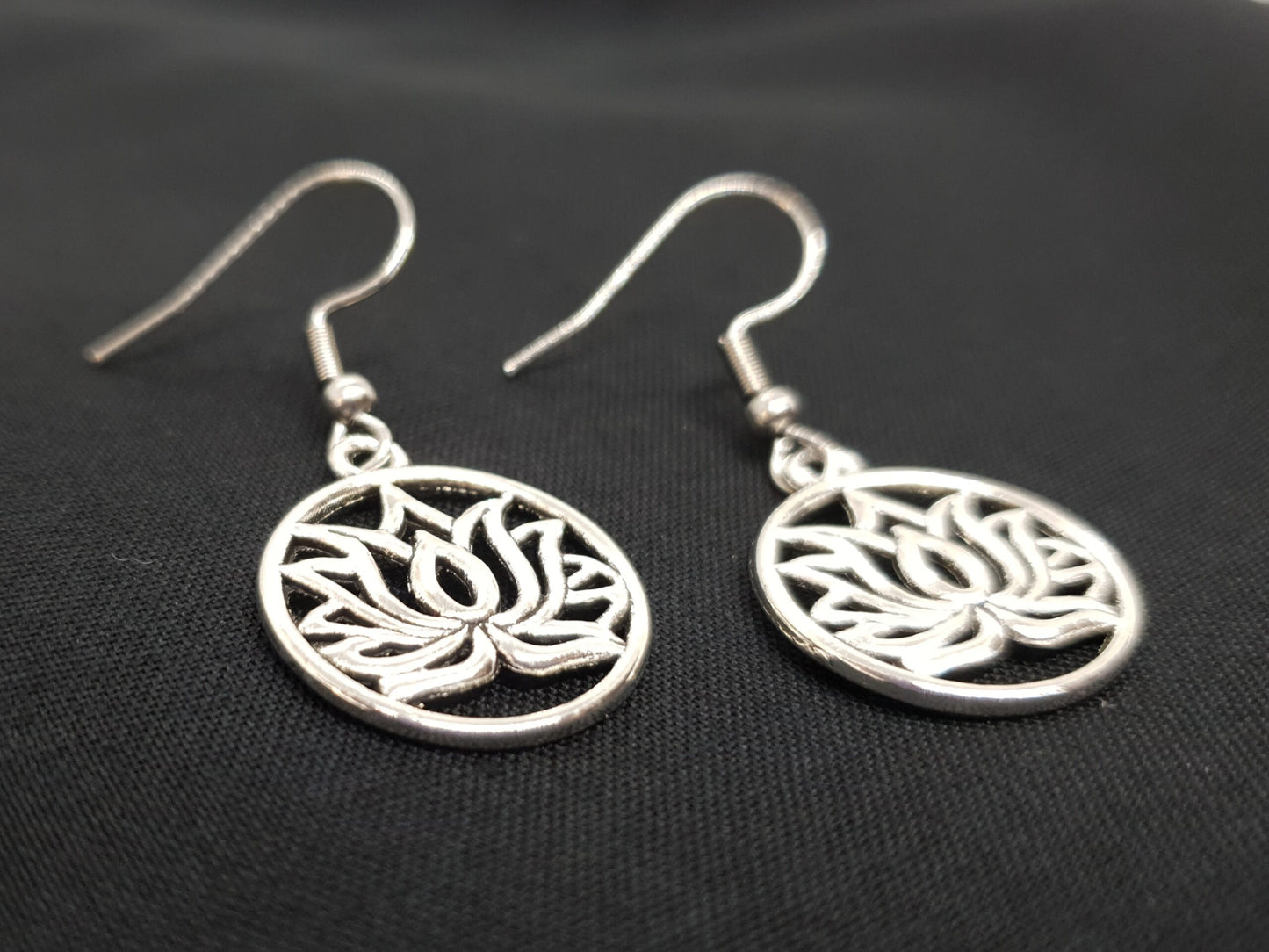 Antique Silver Lotus Circle Earrings