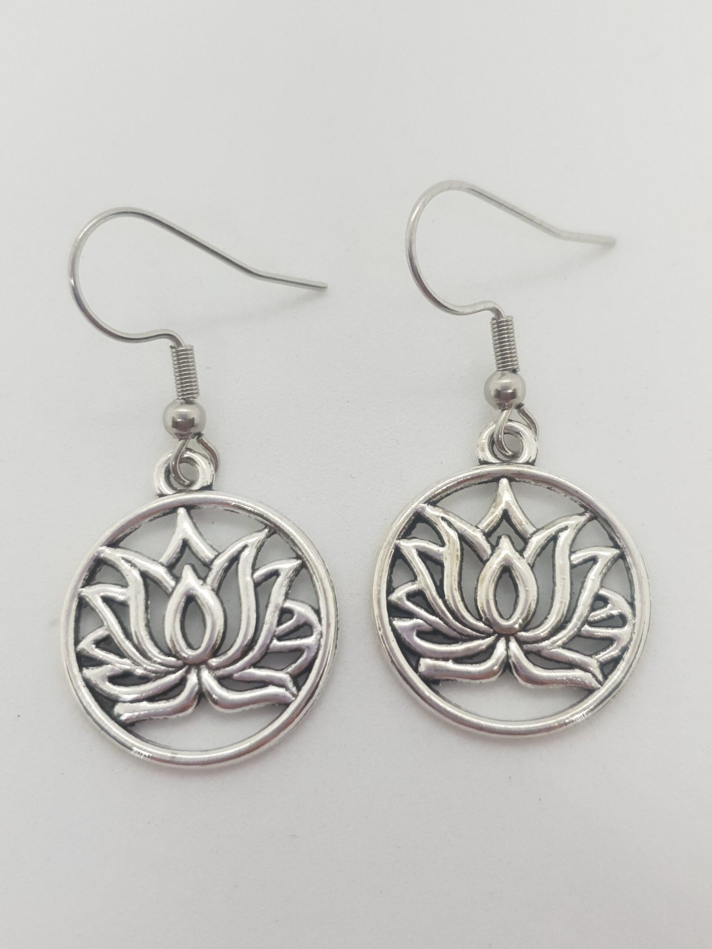 Antique Silver Lotus Circle Earrings