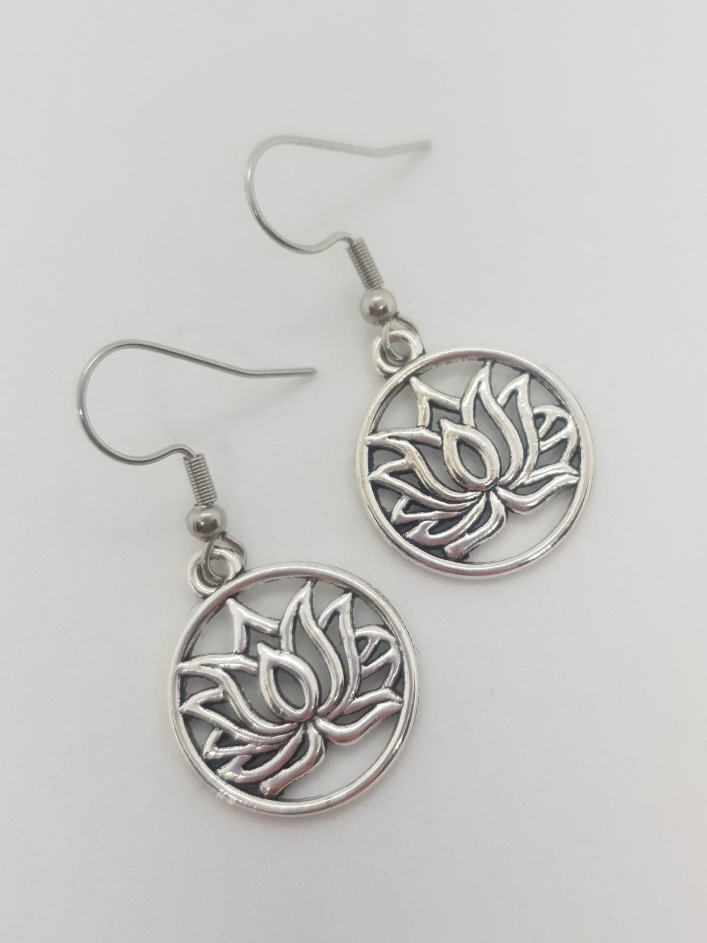 Antique Silver Lotus Circle Earrings