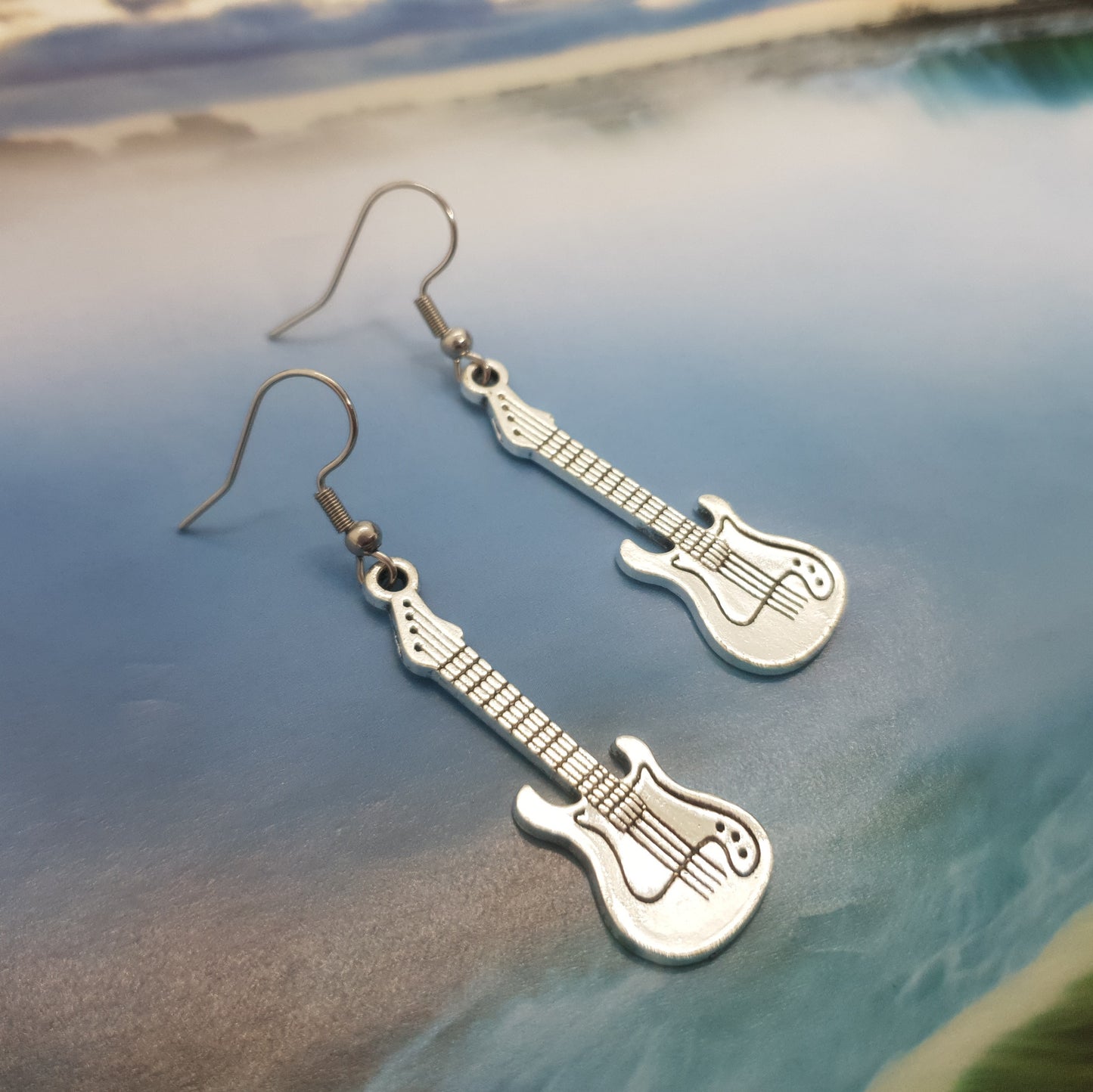 Antique Silver Electric Guitar Earrings