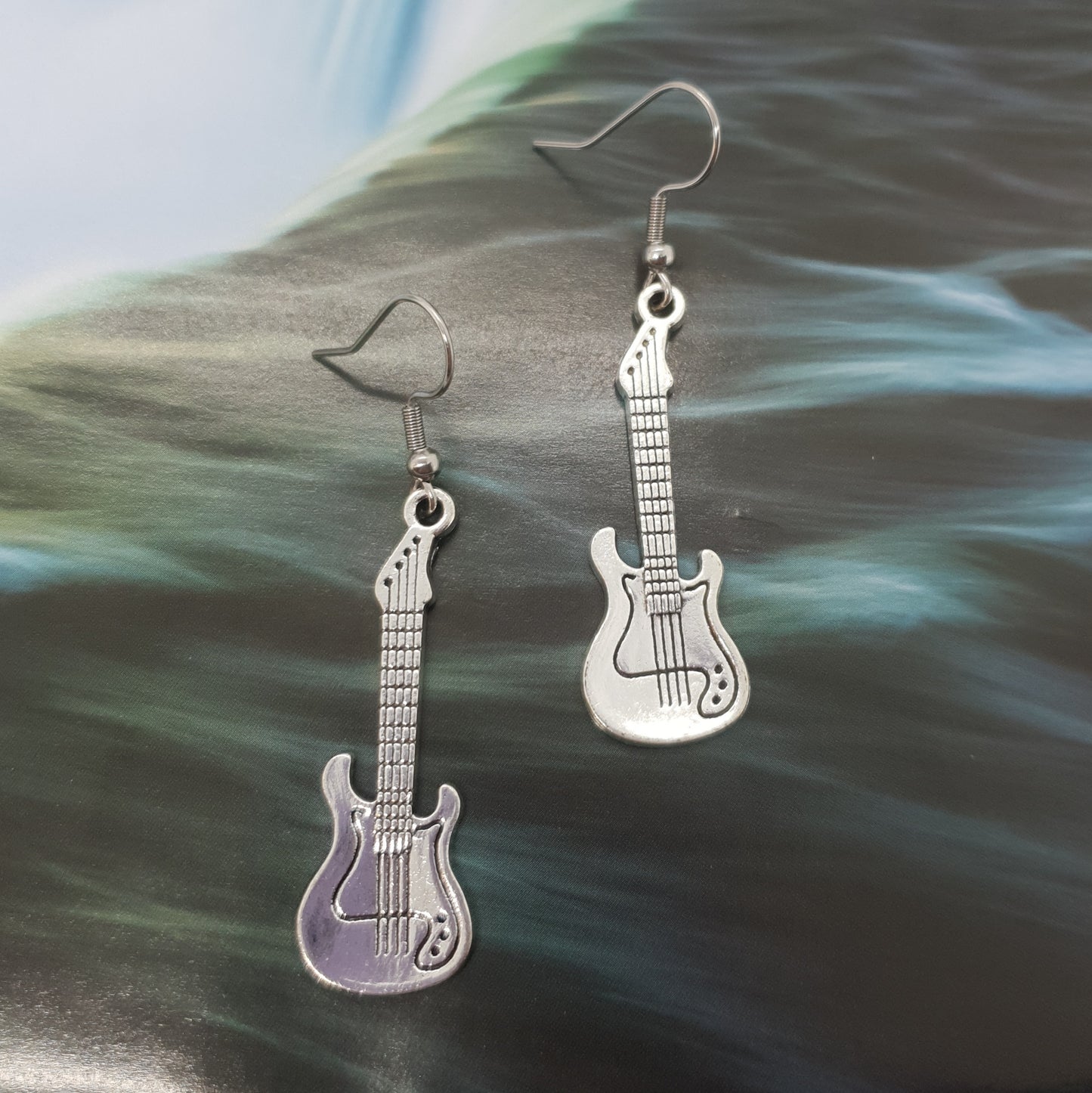 Antique Silver Electric Guitar Earrings