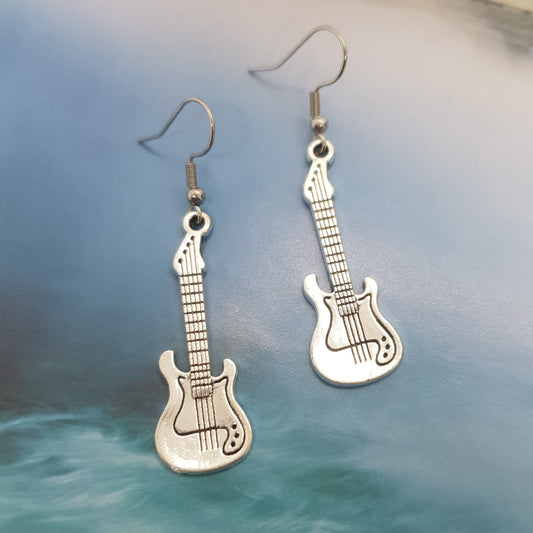 Antique Silver Electric Guitar Earrings