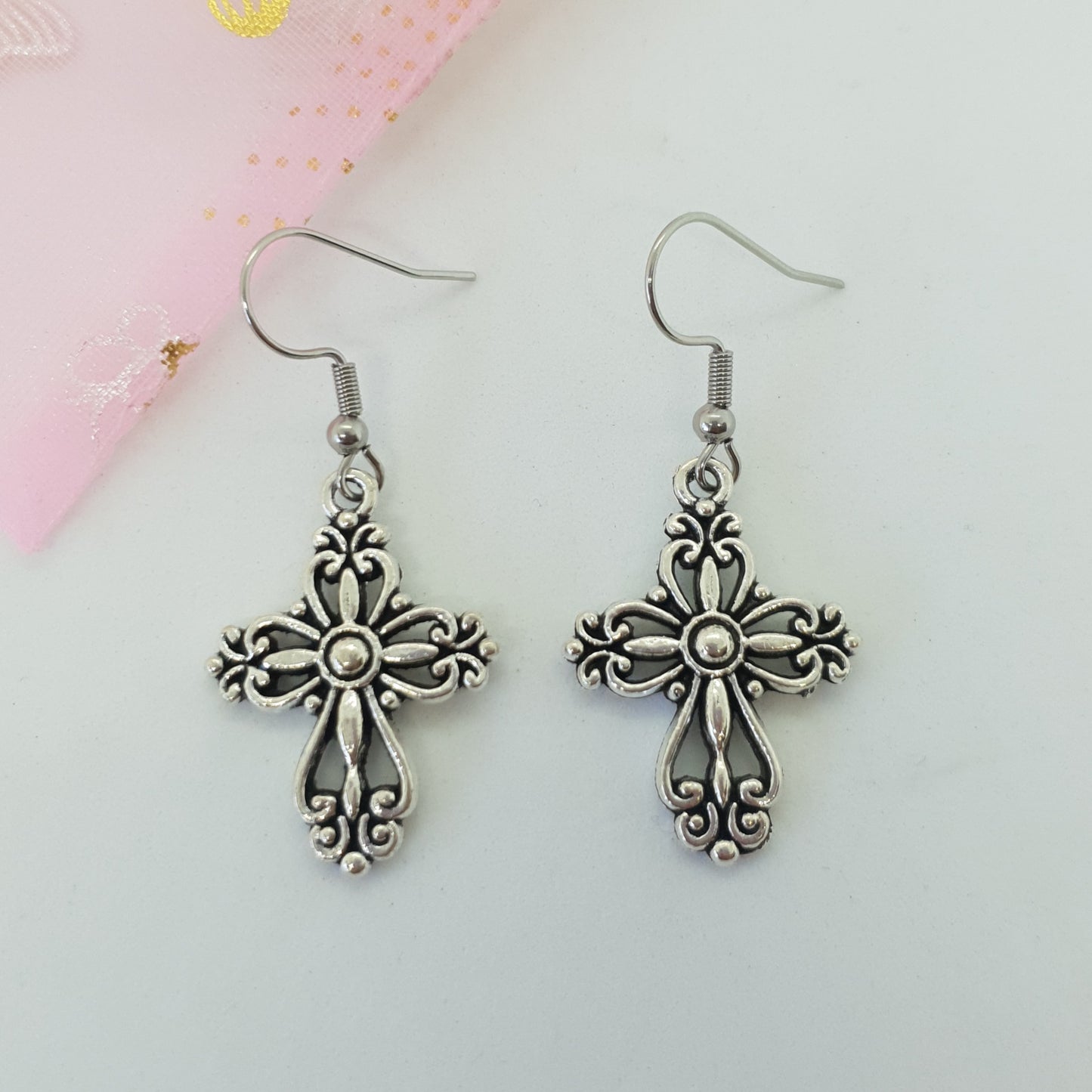 Silver Filigree Cross Earrings