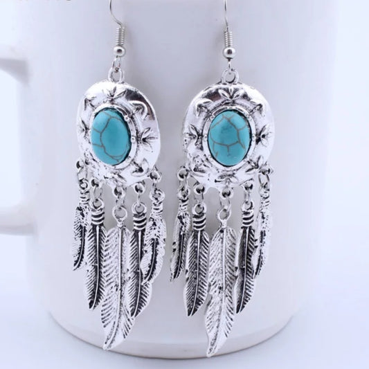 Bohemian Silver Natural Stone Tassel Earrings