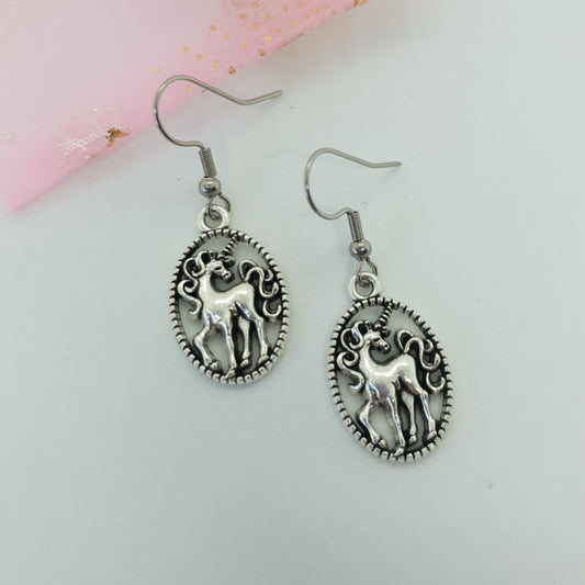 Oval Silver Unicorn Earrings