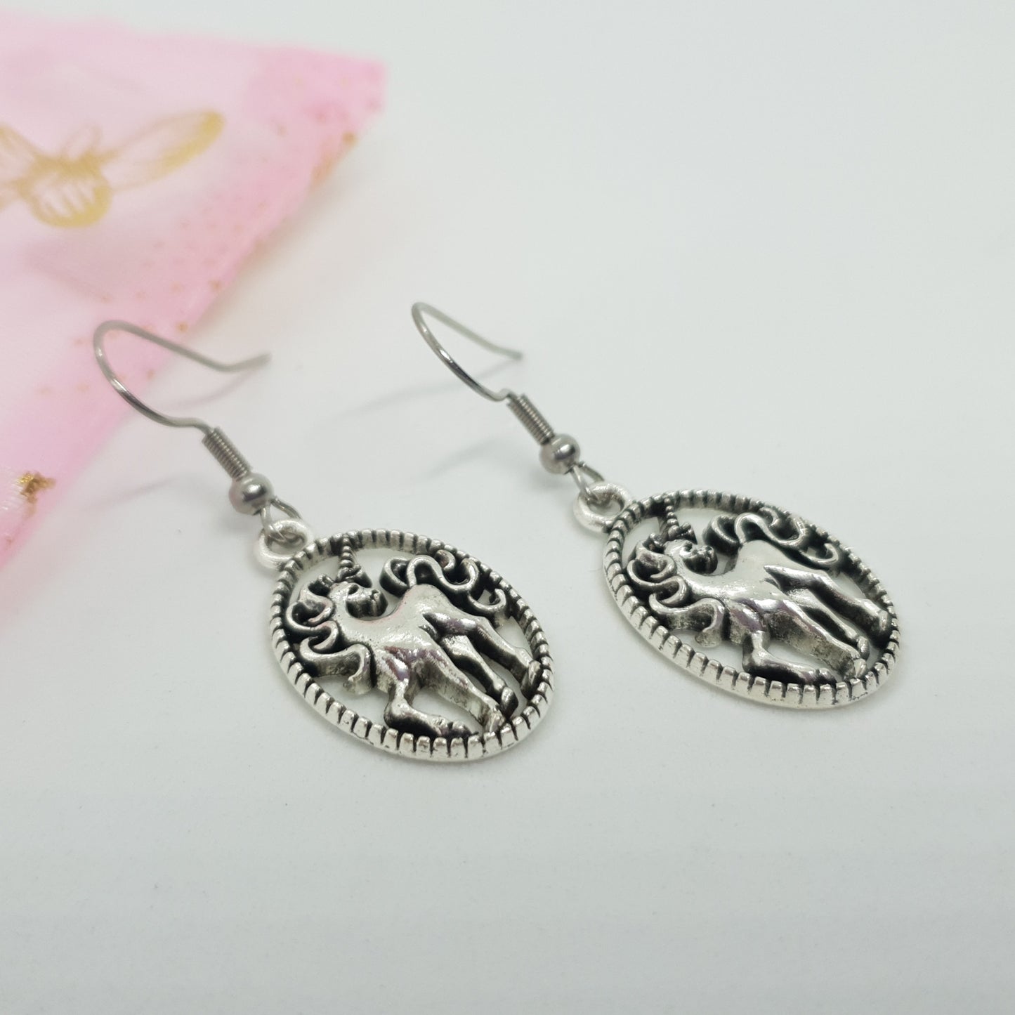 Oval Silver Unicorn Earrings