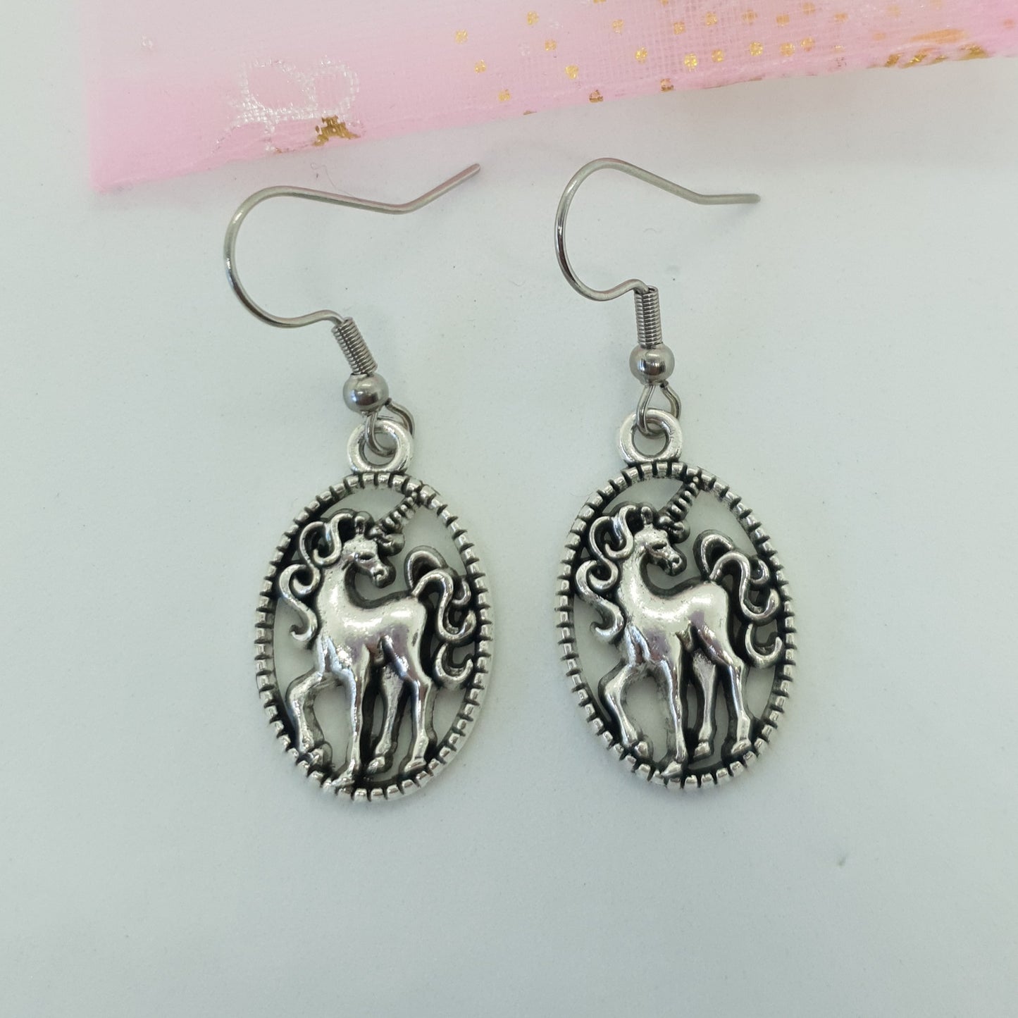 Oval Silver Unicorn Earrings