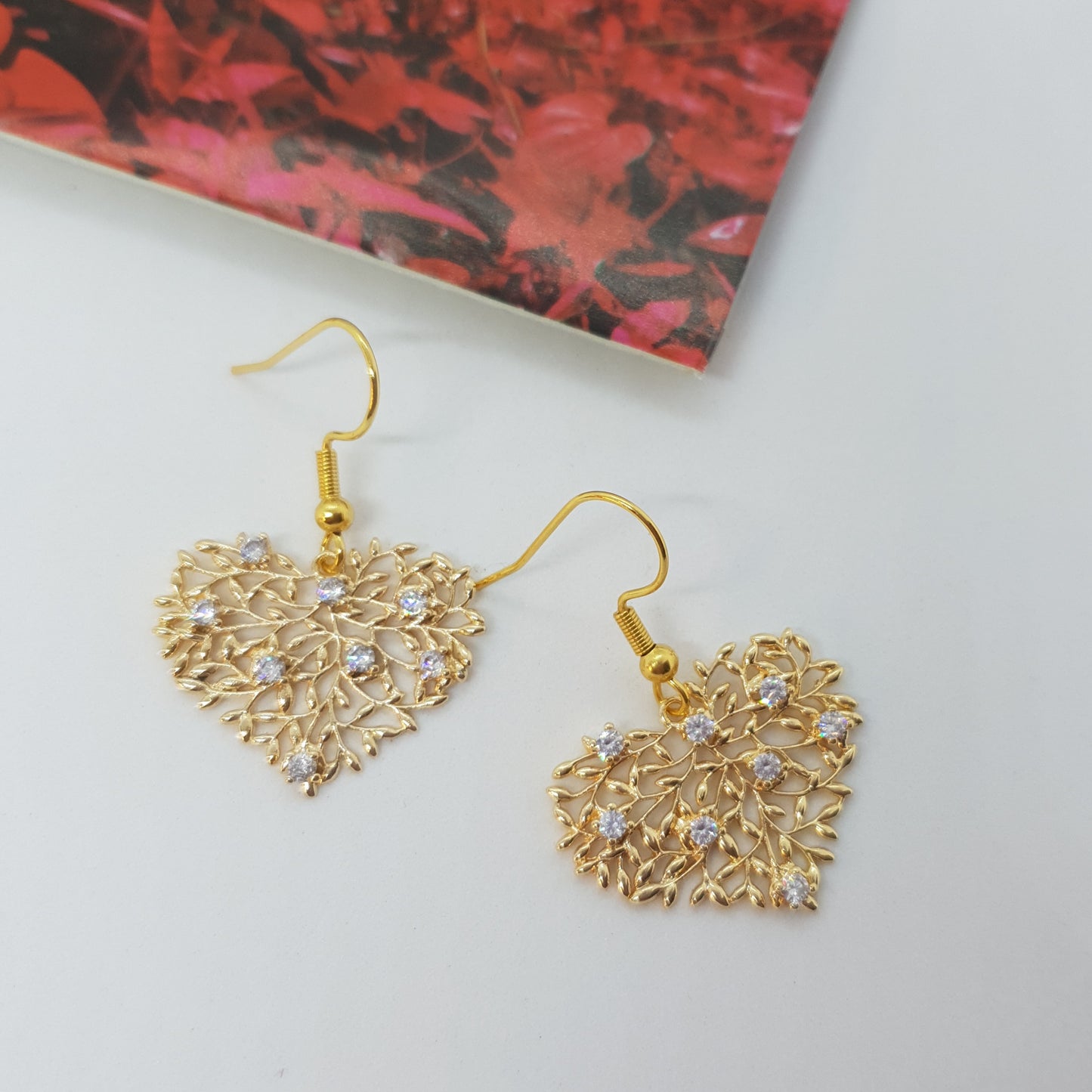 24K Gold Zircon Heart Earrings