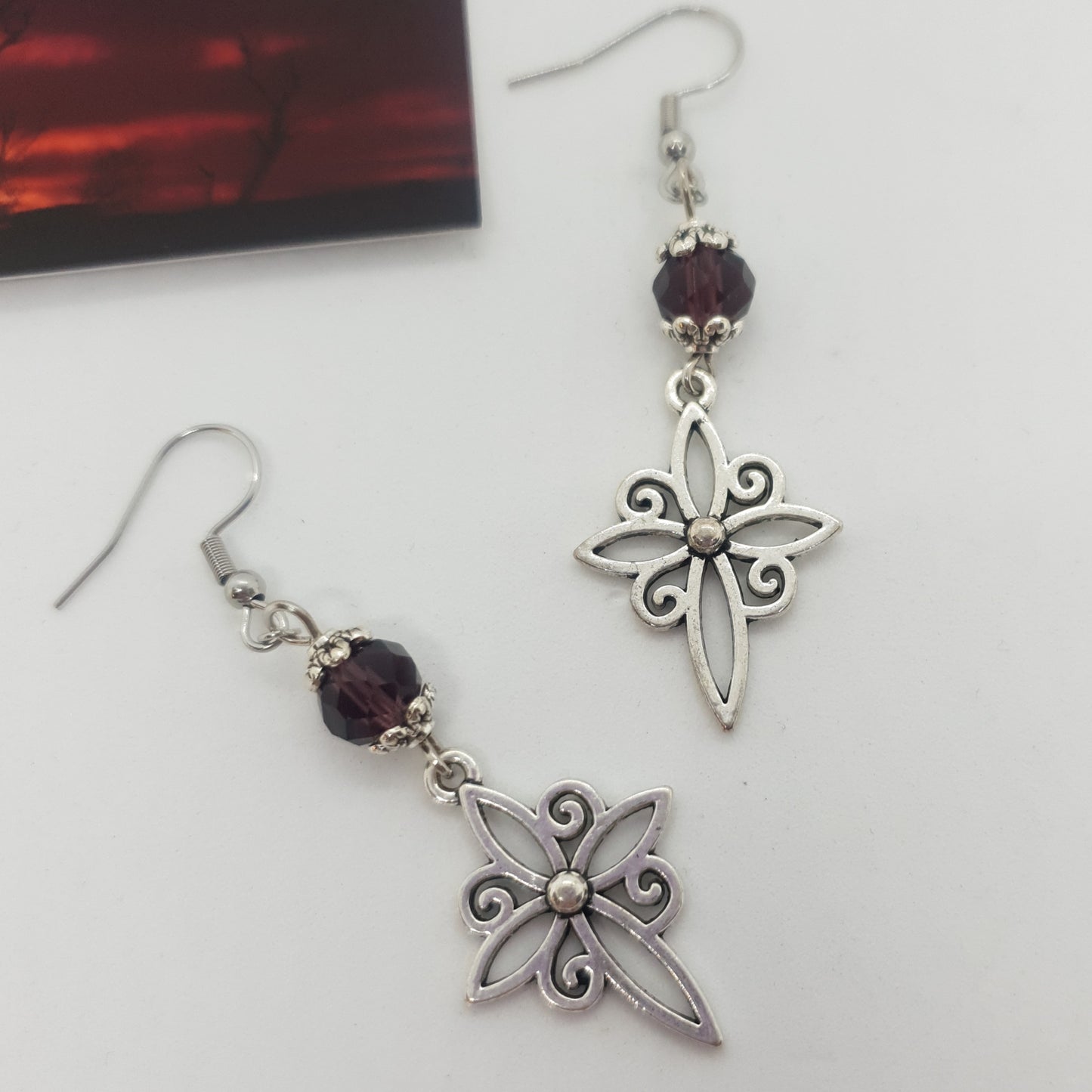 Silver Crystal Flower Cross Earrings