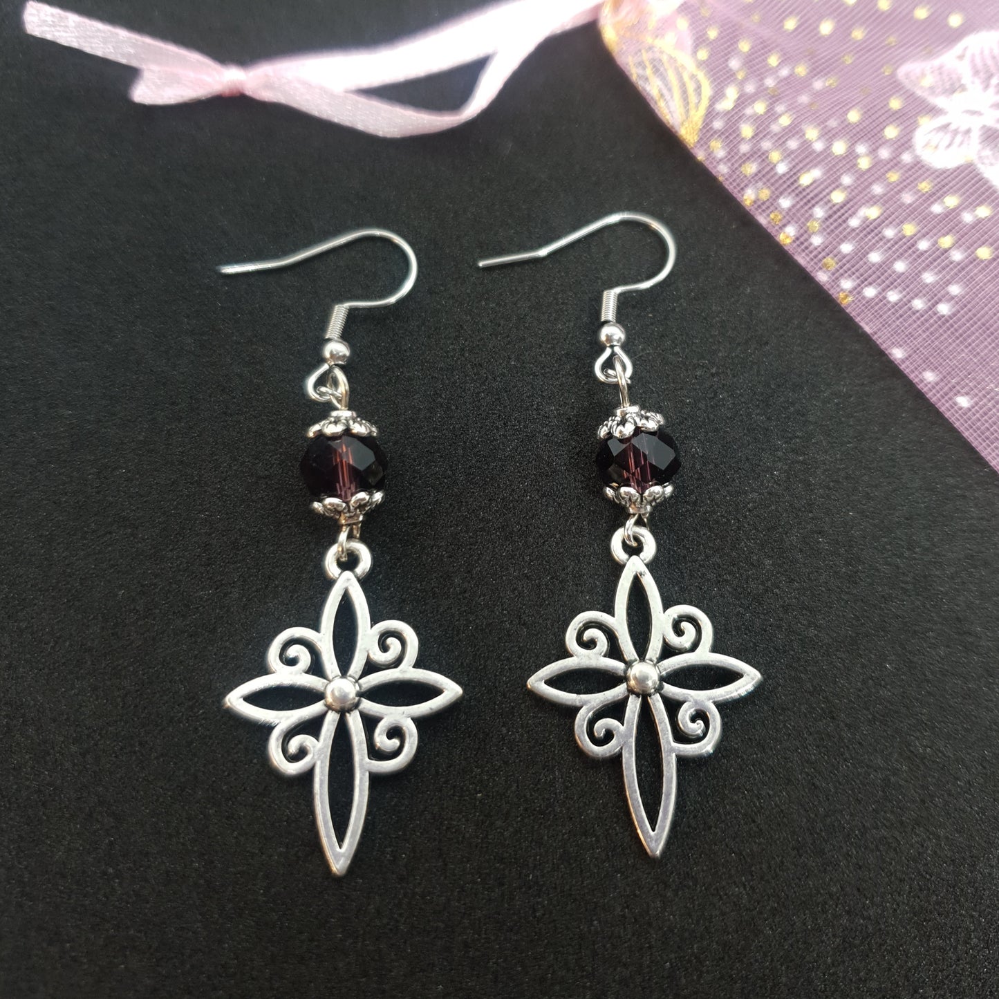 Silver Crystal Flower Cross Earrings