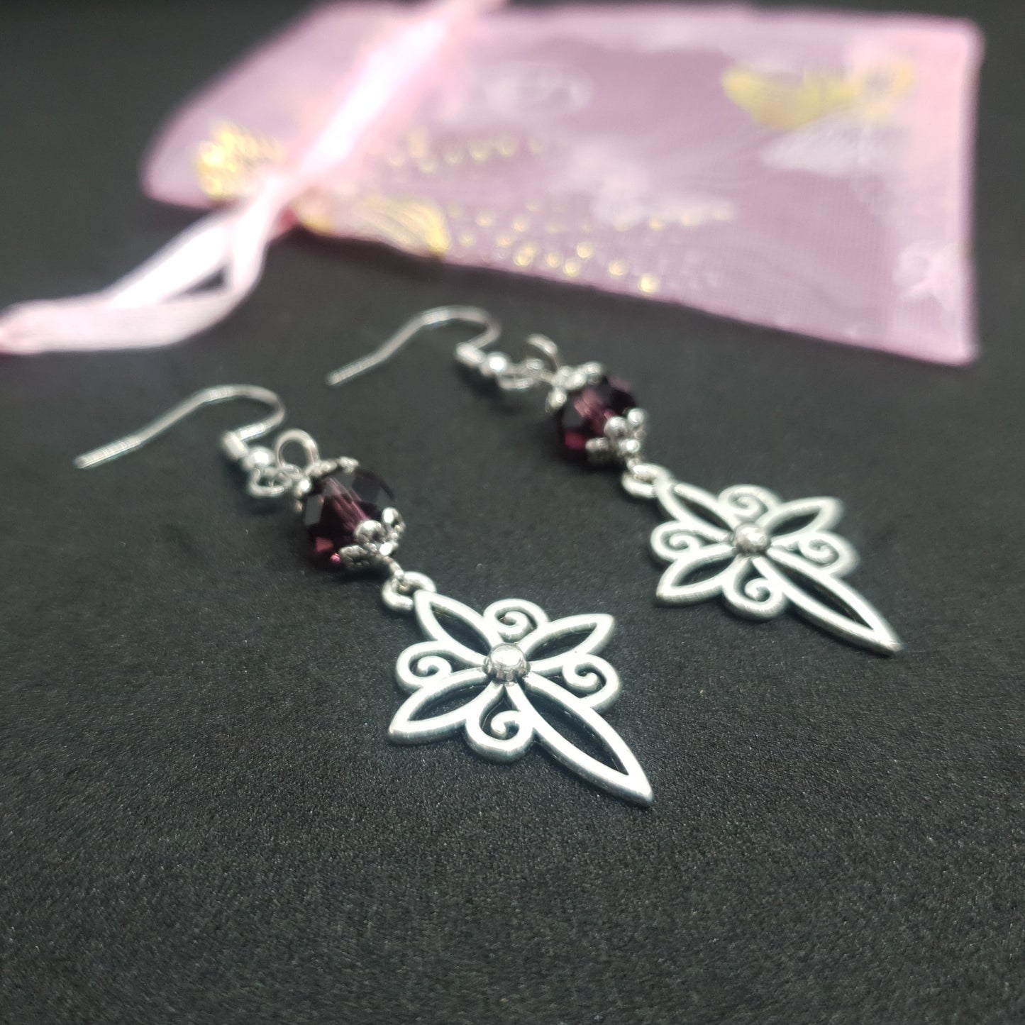 Silver Crystal Flower Cross Earrings