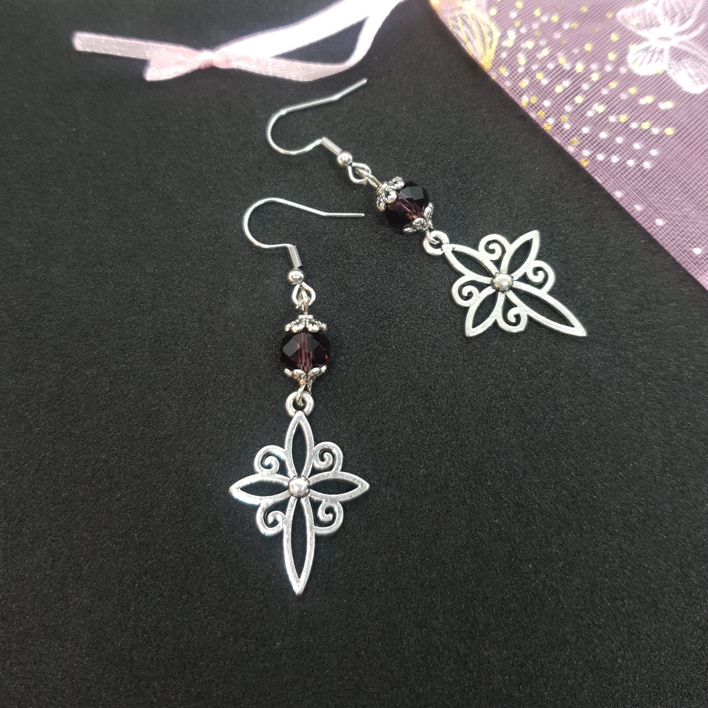 Silver Crystal Flower Cross Earrings