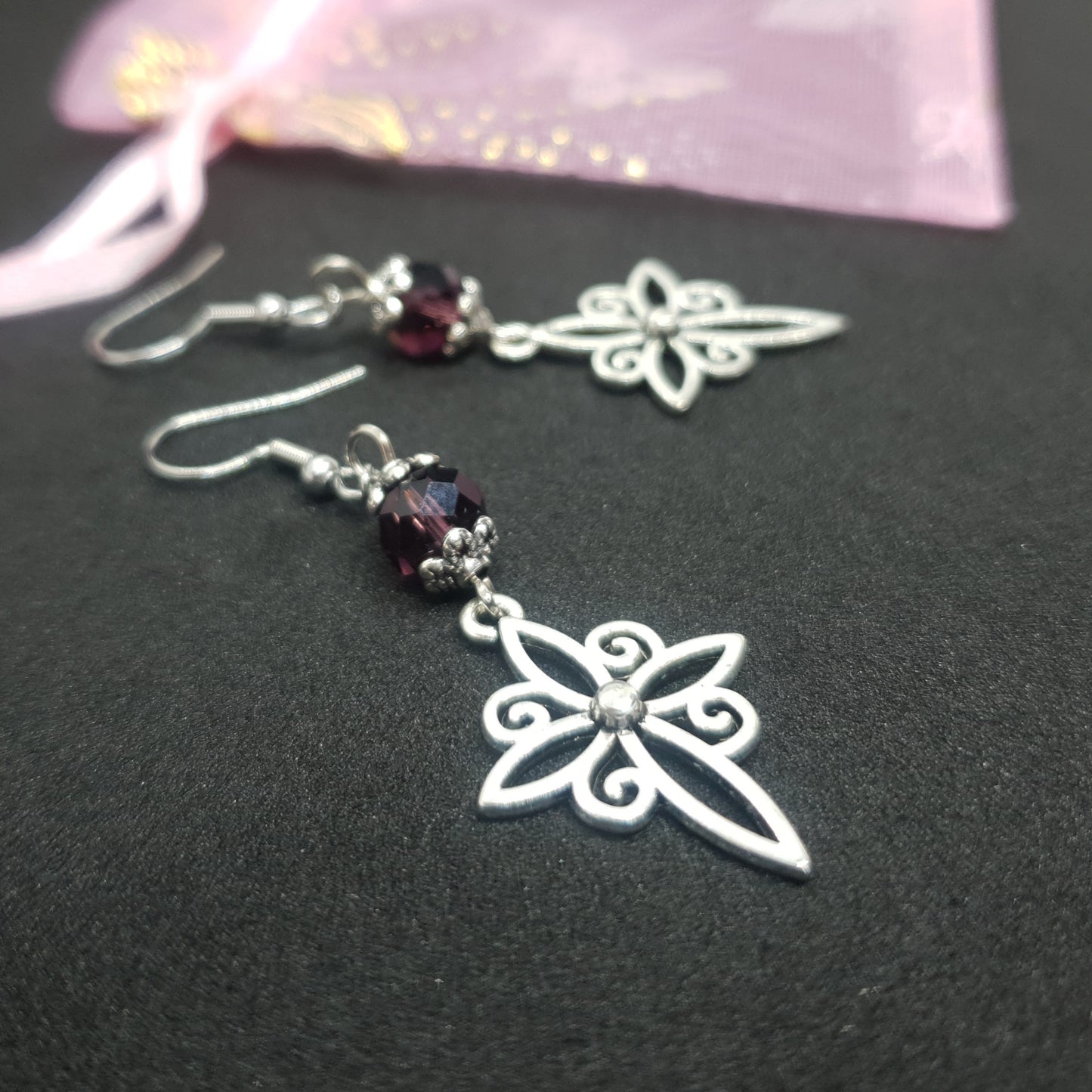 Silver Crystal Flower Cross Earrings