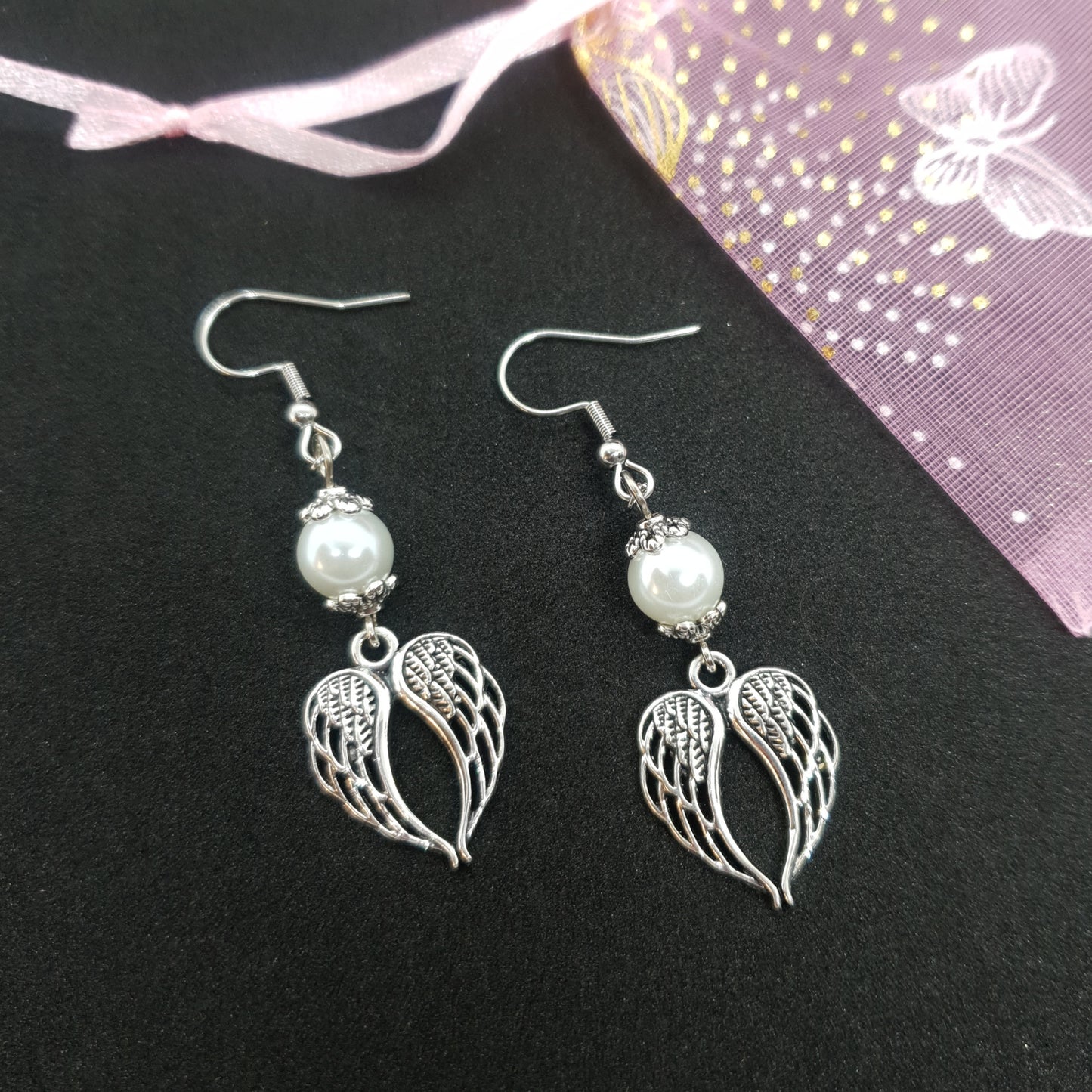 Silver Pearl Angel Wings Earrings