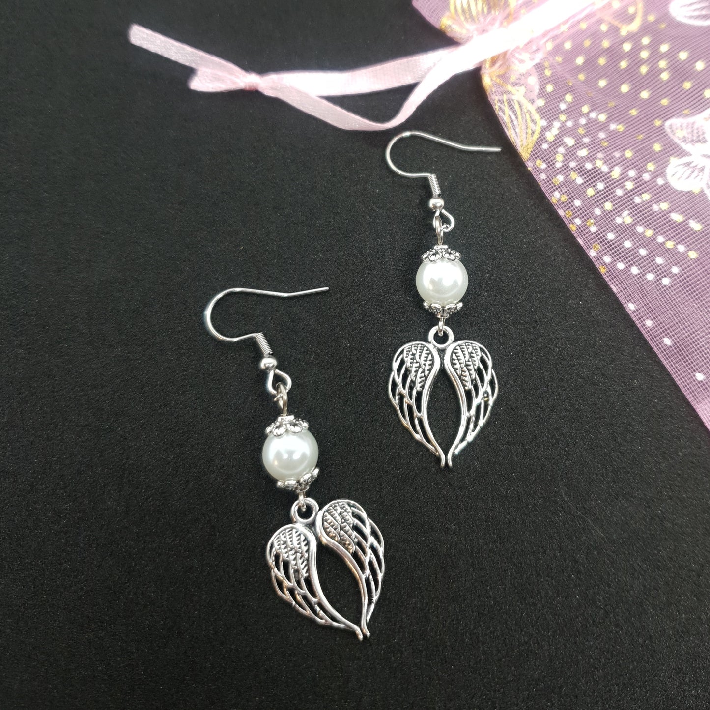 Silver Pearl Angel Wings Earrings