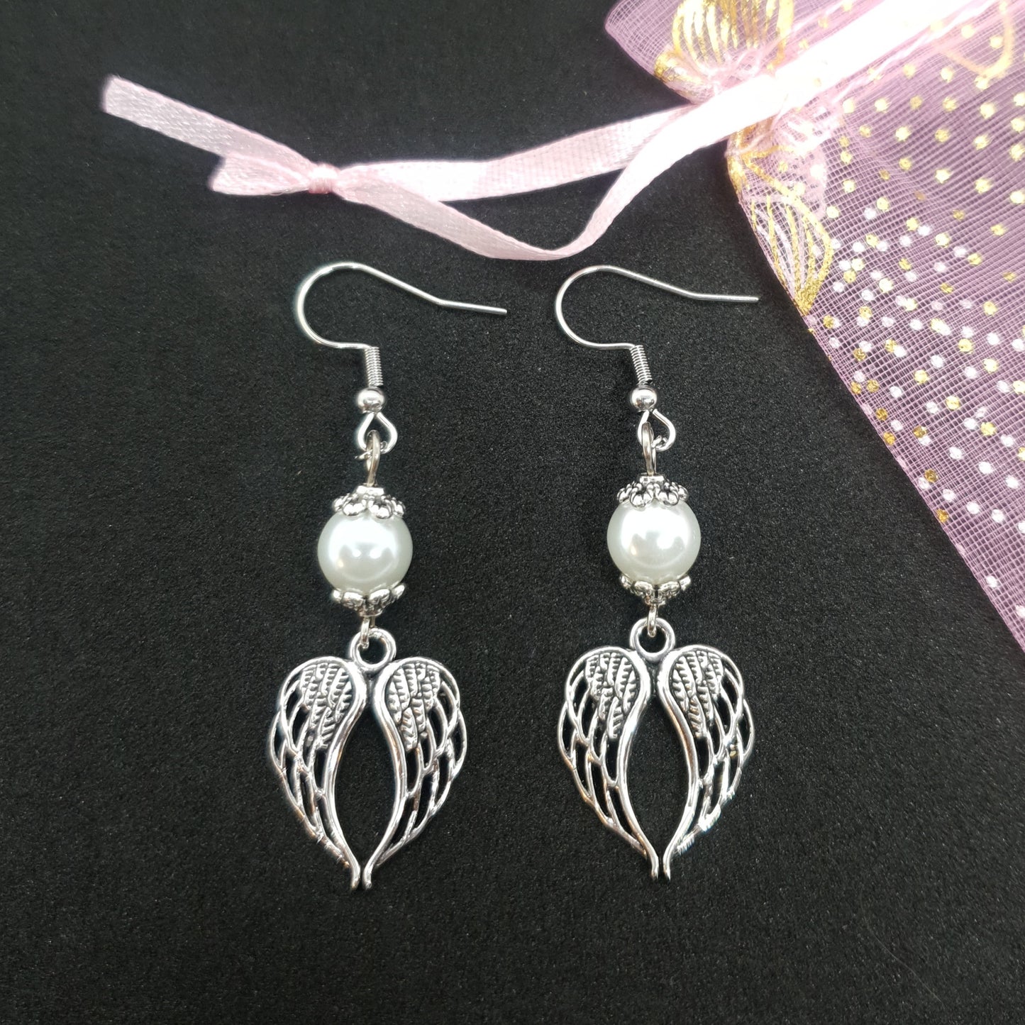 Silver Pearl Angel Wings Earrings