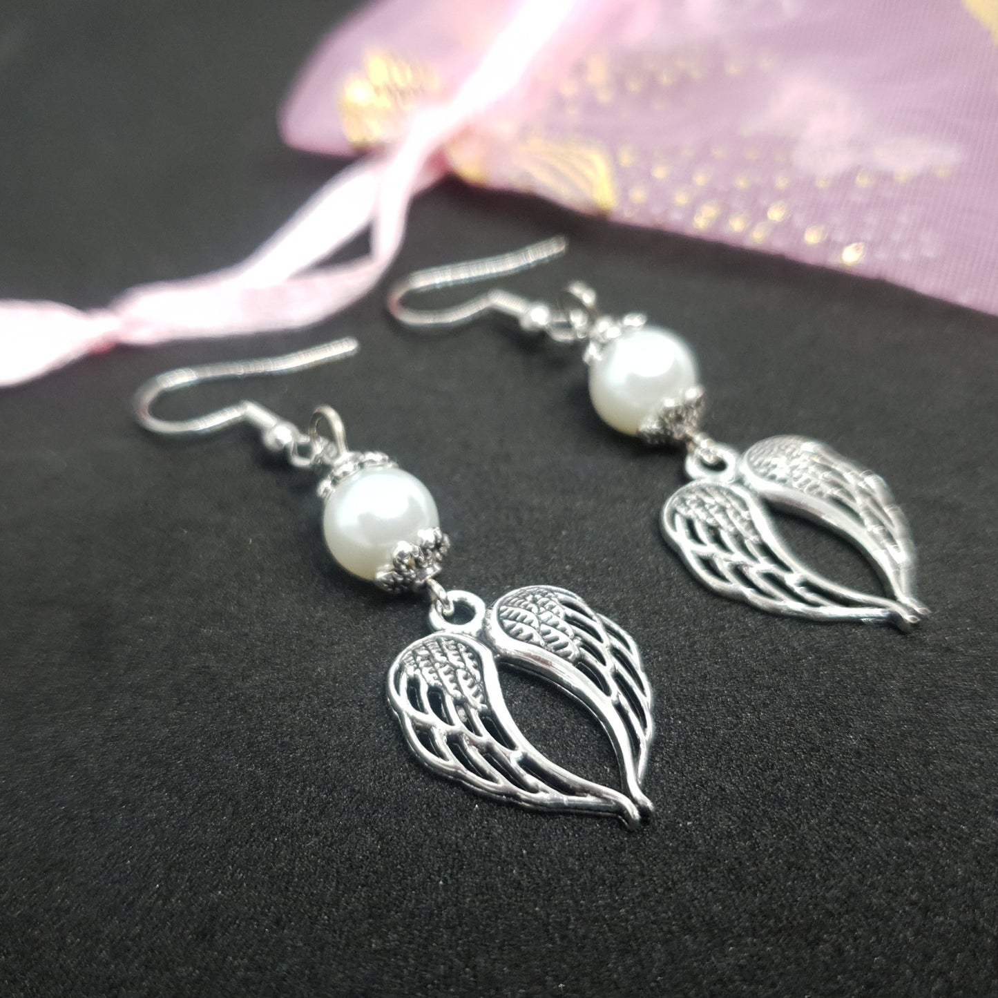 Silver Pearl Angel Wings Earrings