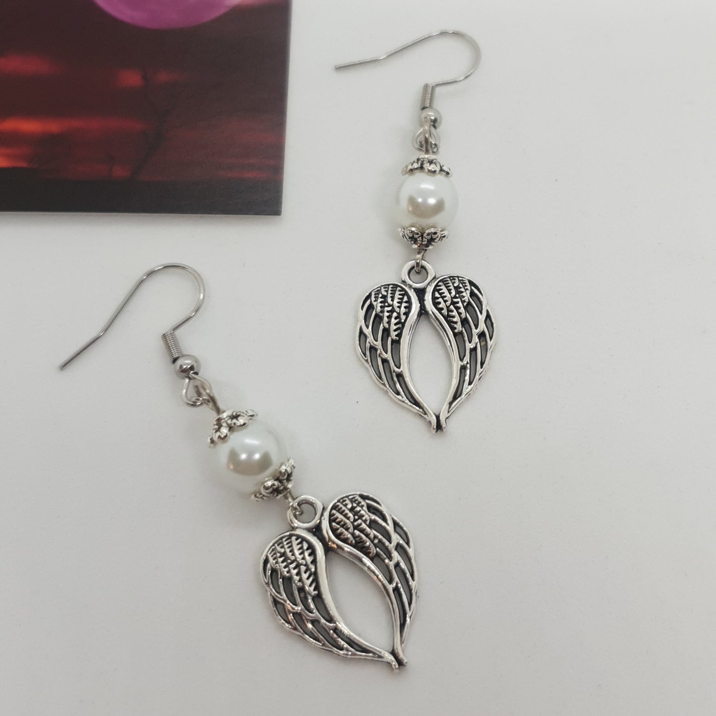 Silver Pearl Angel Wings Earrings