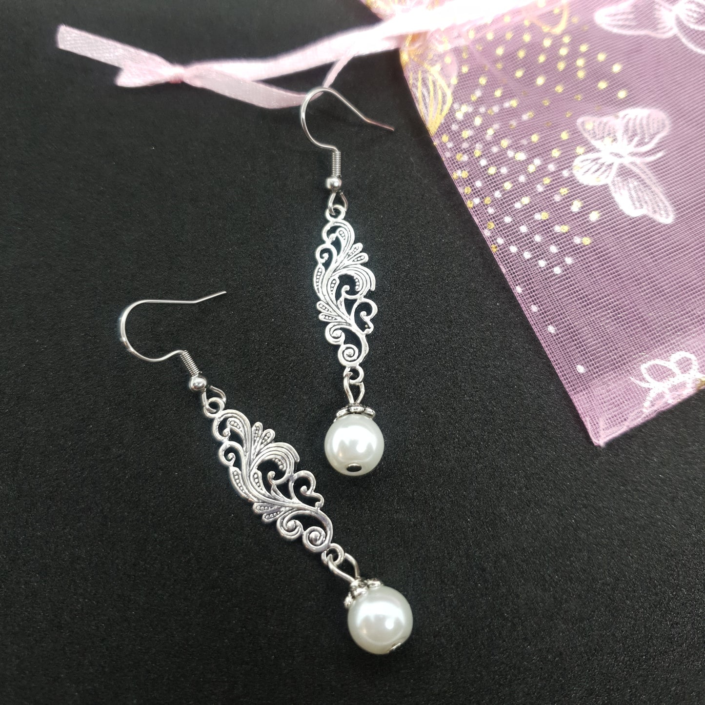 Silver Filigree Pearl Earrings