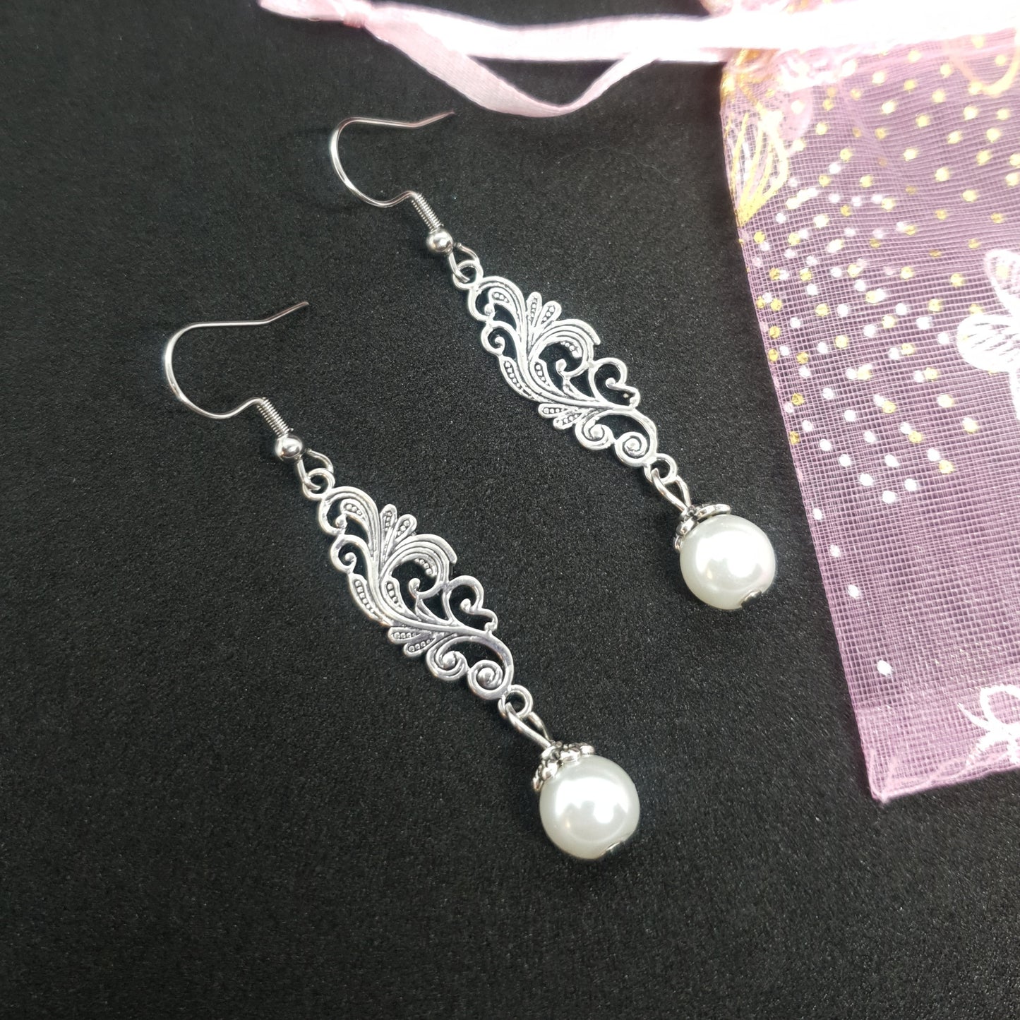 Silver Filigree Pearl Earrings