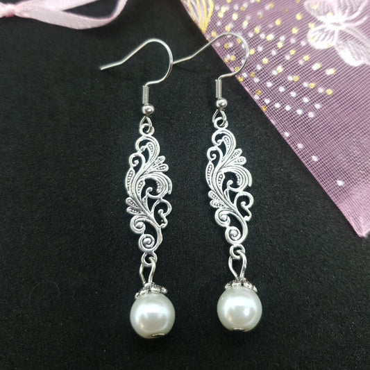 Silver Filigree Pearl Earrings