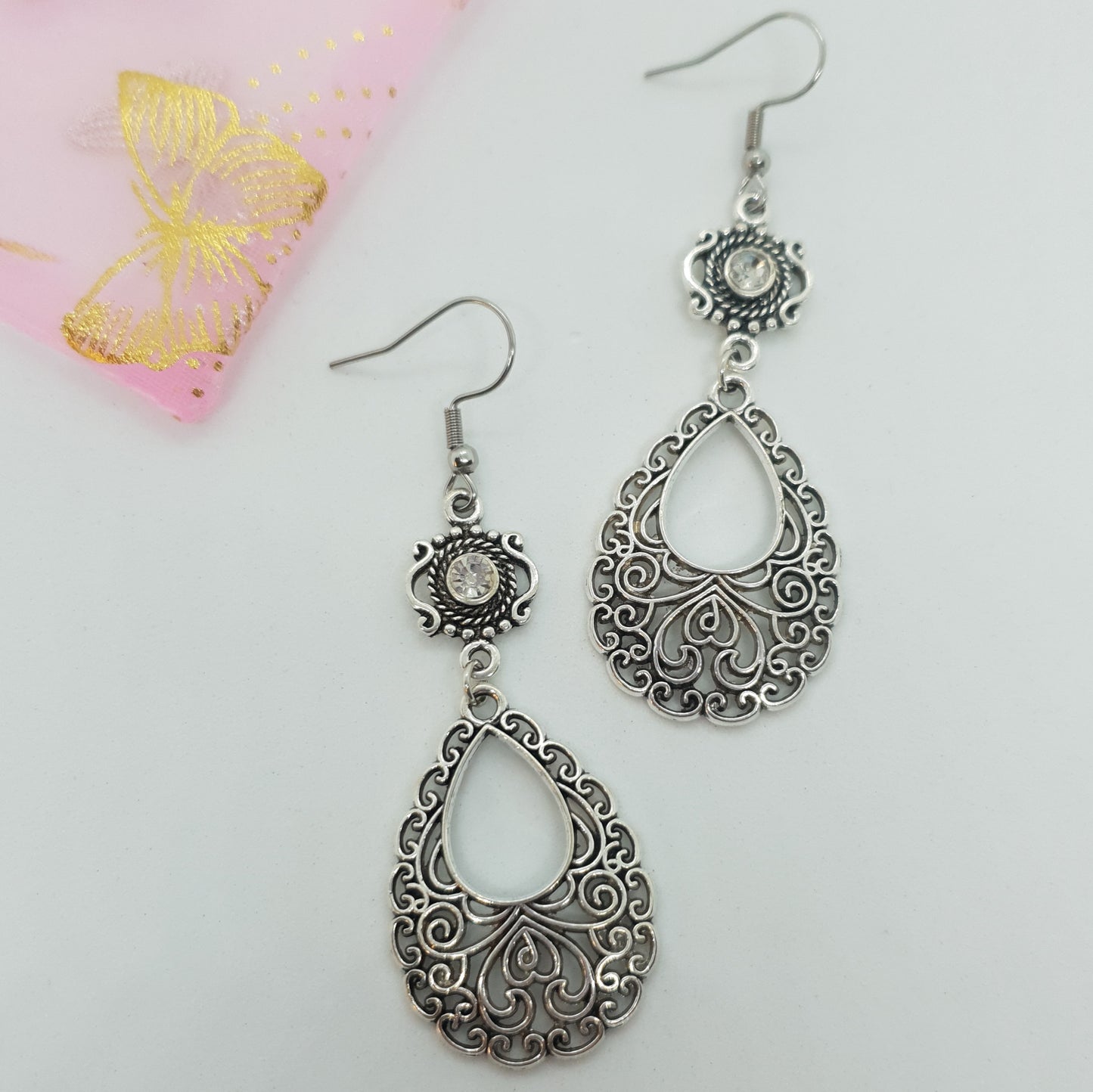 Silver Waterdrop Heart Crystal Earrings