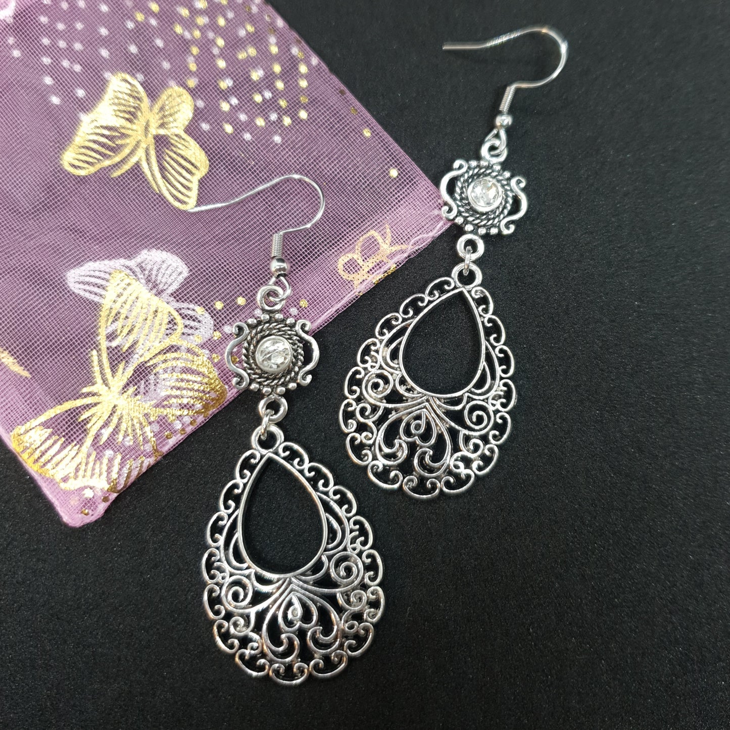 Silver Waterdrop Heart Crystal Earrings