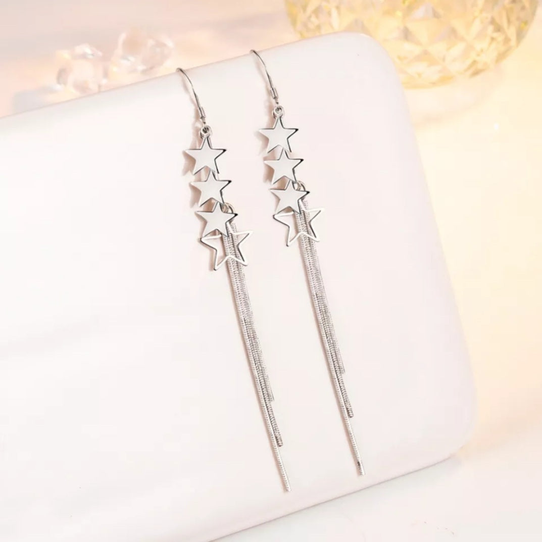 Sterling Silver Stars Tassel Drop Earrings