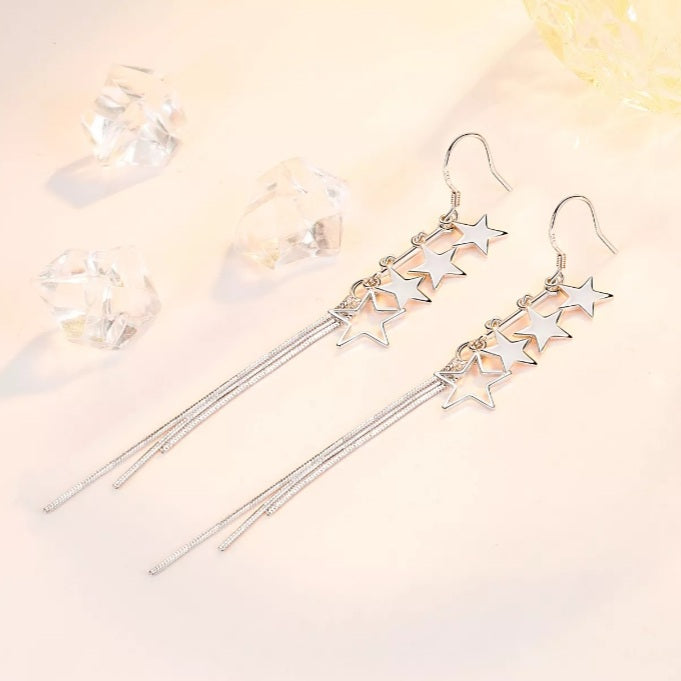 Sterling Silver Stars Tassel Drop Earrings