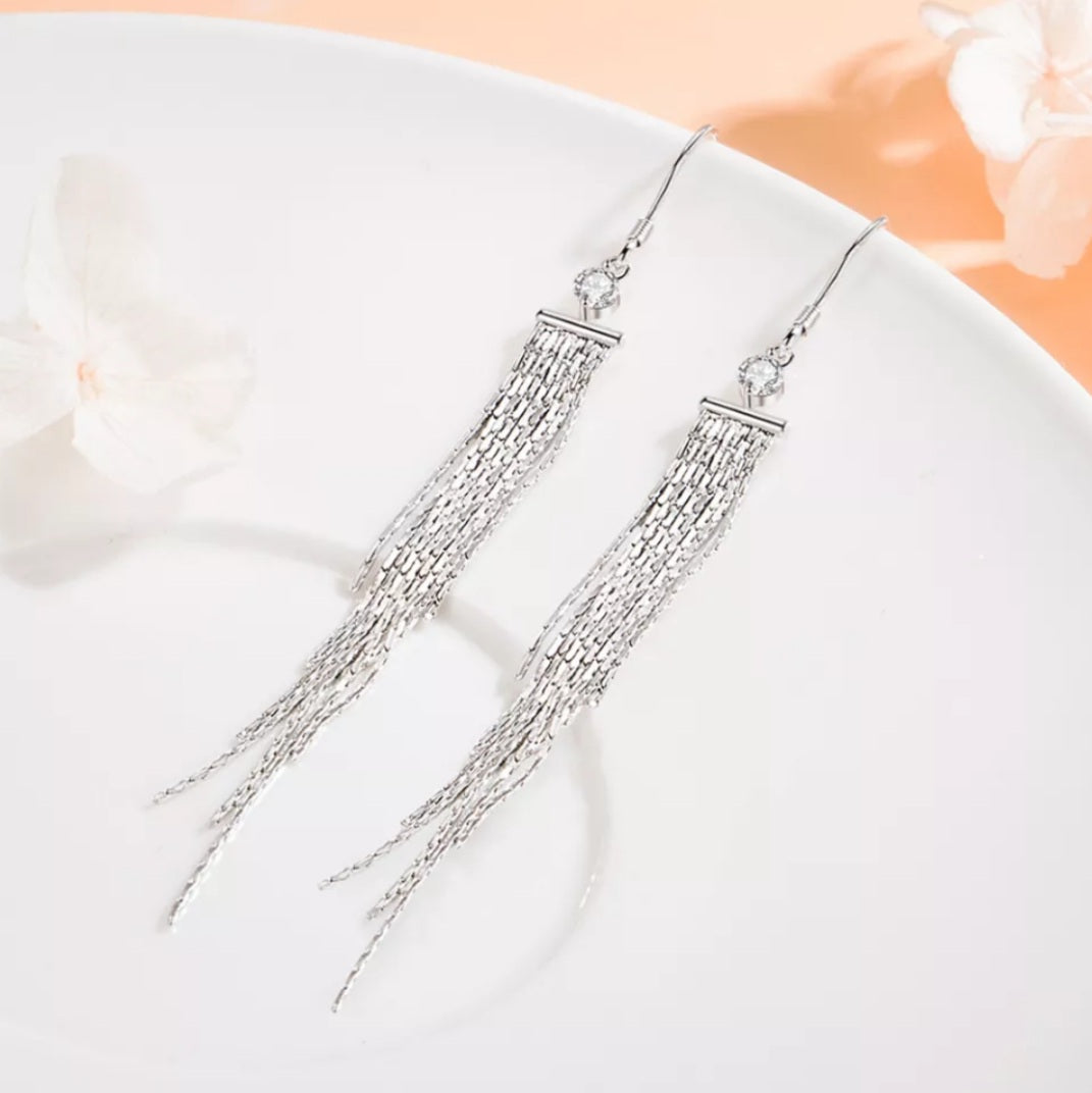 Sterling Silver Elegant Long Tassel Zircon Earrings