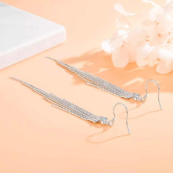 Sterling Silver Elegant Long Tassel Zircon Earrings