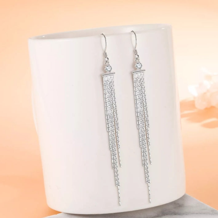 Sterling Silver Elegant Long Tassel Zircon Earrings