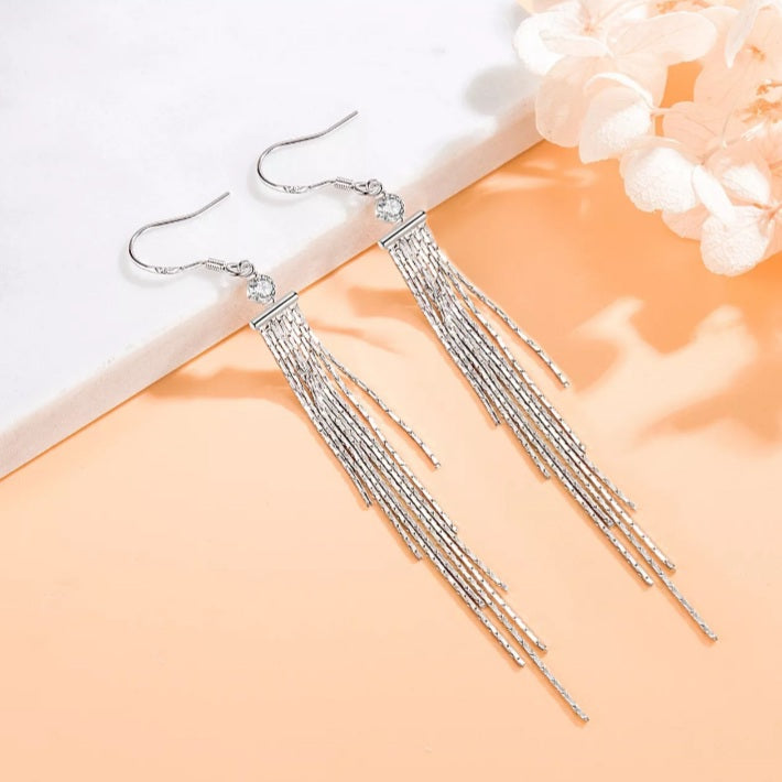 Sterling Silver Elegant Long Tassel Zircon Earrings