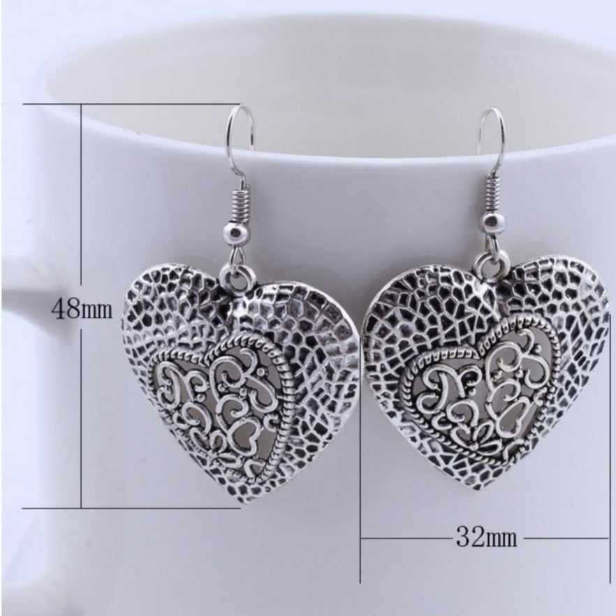 Bohemian Tibetan Silver Heart Carved Drop Earrings