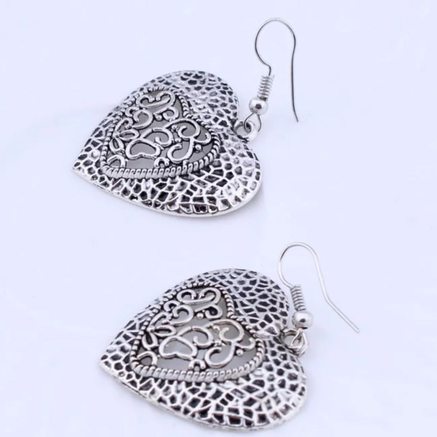 Bohemian Tibetan Silver Heart Carved Drop Earrings