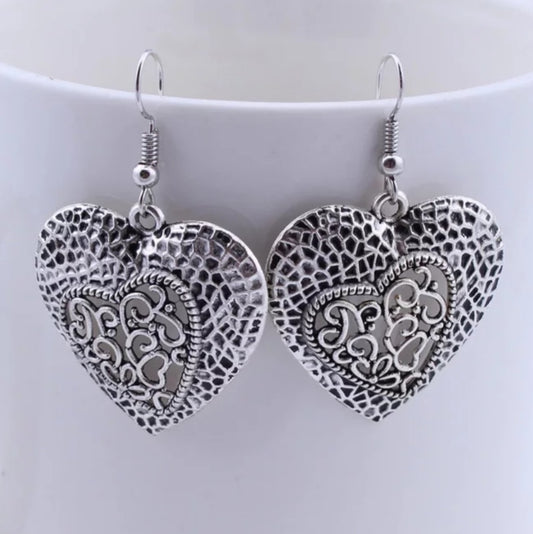 Bohemian Tibetan Silver Heart Carved Drop Earrings