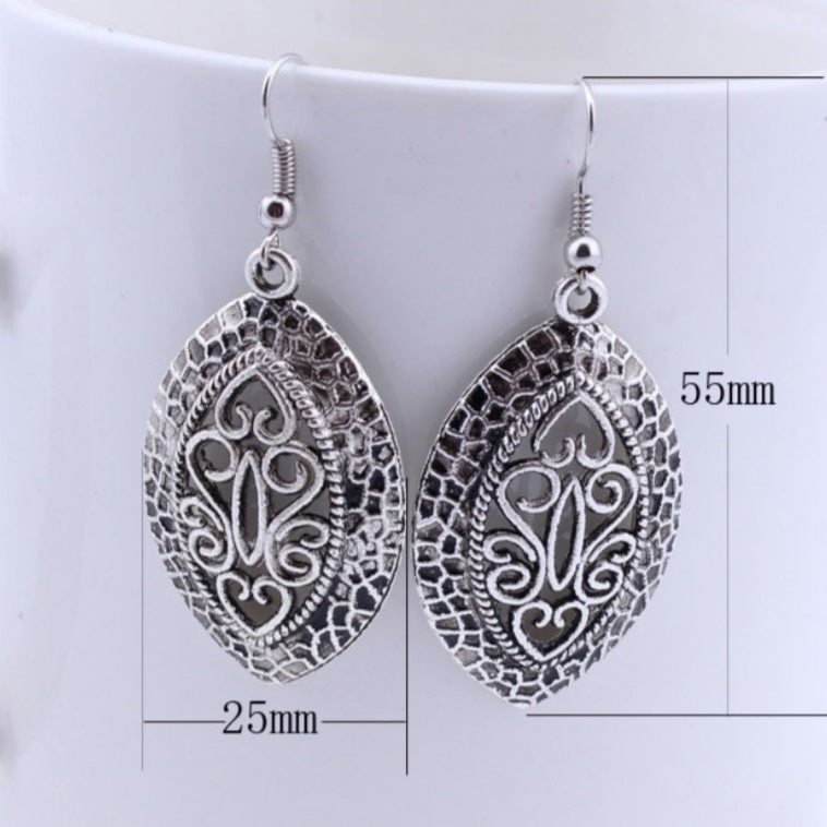 Bohemian Tibetan Silver Oval Carved Drop Earrings