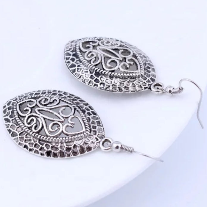 Bohemian Tibetan Silver Oval Carved Drop Earrings