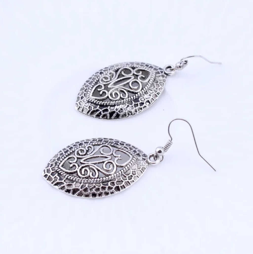 Bohemian Tibetan Silver Oval Carved Drop Earrings